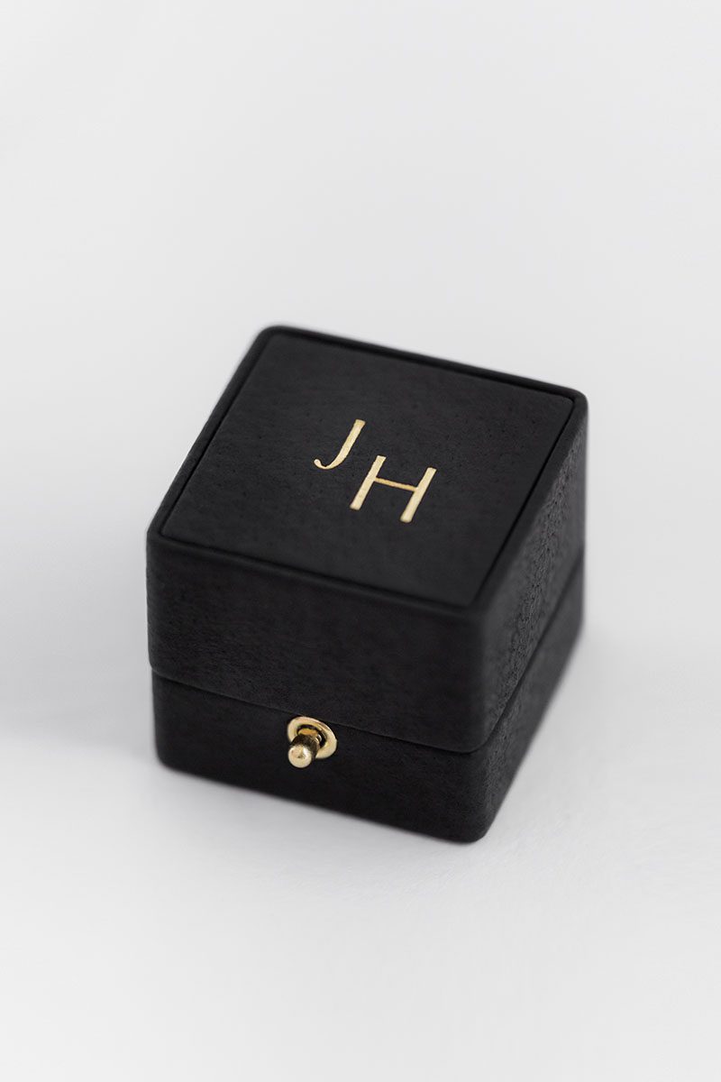 lock and loop leather suede wedding ring box top monogram embossing